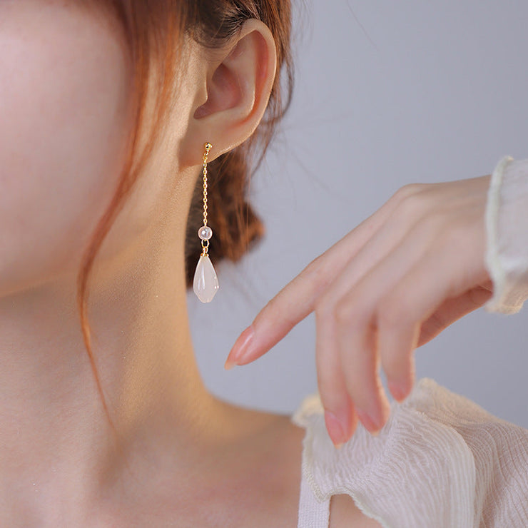 Flowers Hetian Jade Earrings Sterling Silver Long Earrings High Sense Ear Rings